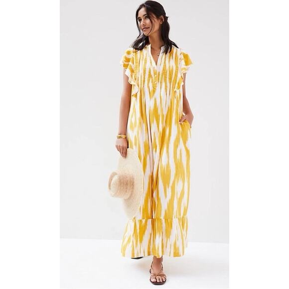 Anthropologie Maeve Cassandra Pintuck Yellow Flutter Sleeve Maxi Dress Medium - Picture 1 of 11